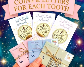 COMPLETE Tooth Fairy Kit | 20 Tooth Fairy Gold COINS & LETTERS - one for each tooth! First Tooth Fairy Letter | Buy individually or as a set