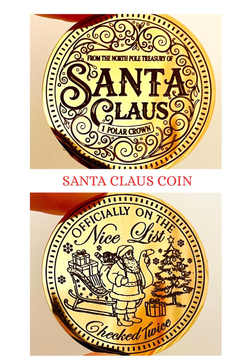 Puede incluir: Moneda dorada de Pap&aacute; Noel con detalles intrincados. La moneda presenta el texto "SANTA CLAUS" y "1 POLAR CROWN". El reverso muestra a Pap&aacute; Noel con una lista y regalos. Un objeto de colecci&oacute;n festivo para las fiestas.