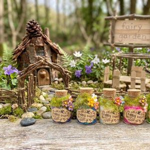 Pode incluir: Uma cena de jardim de fadas em miniatura com uma casa de madeira r&uacute;stica, uma placa que diz "fairy garden" e cinco pequenos frascos de vidro rotulados como "fairy dust". Os frascos s&atilde;o decorados com musgo e flores.