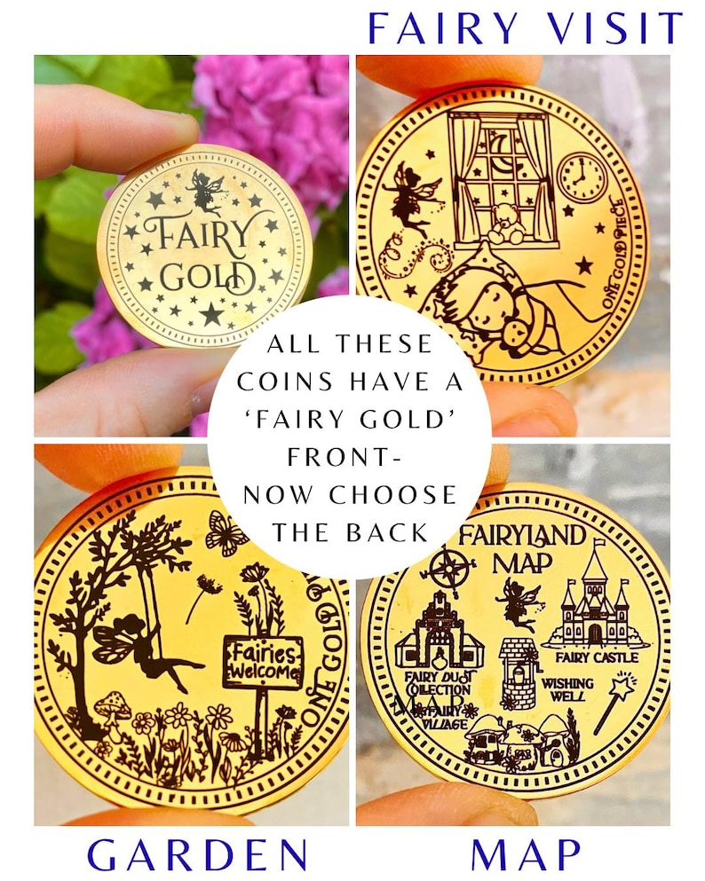 May include: Four gold-colored coins with fairy-themed designs. One coin features the text "FAIRY GOLD" and stars. Other coins depict a fairy in a window, a fairy on a swing, and a map of Fairyland with a castle and wishing well.
