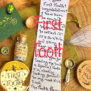 Set de regalo para el Hada de los Dientes del niño FIRST TOOTH: con moneda para el primer diente, carta para el Hada de los Dientes, polvo de hadas y regalos para hadas