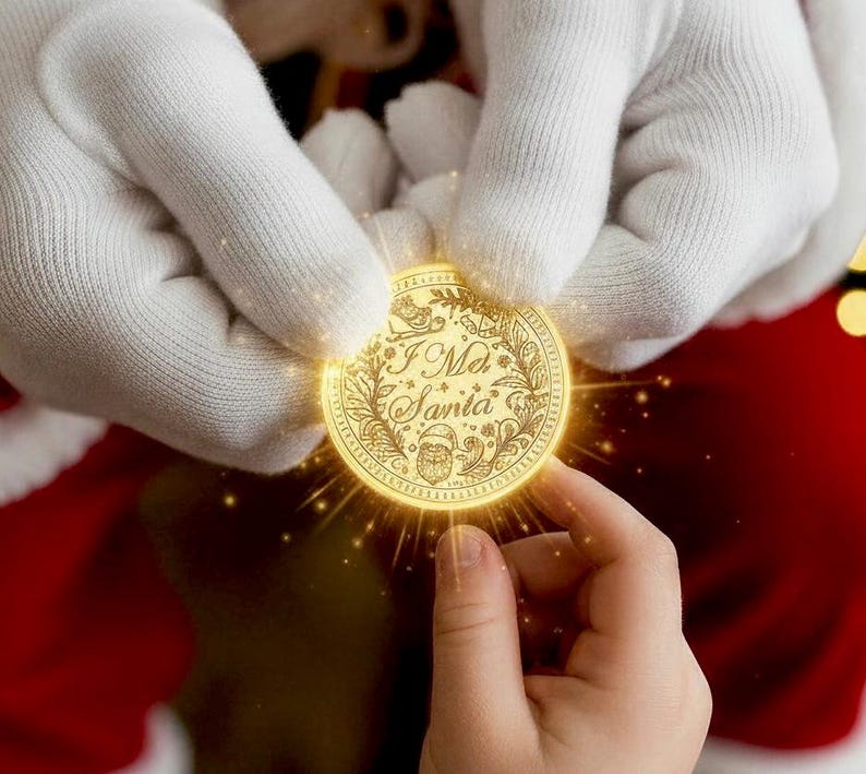 Puede incluir: Una moneda dorada con la inscripci&oacute;n "I Met Santa" se sostiene entre manos enguantadas y la mano de un ni&ntilde;o. La moneda presenta un dise&ntilde;o detallado con una ilustraci&oacute;n de Pap&aacute; Noel y elementos decorativos. La moneda brilla con una luz brillante.
