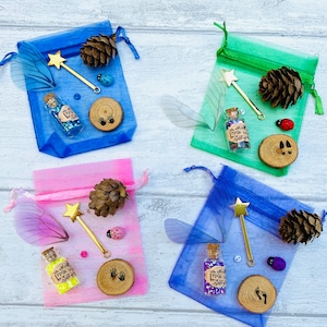 May include: Four small blue, green, pink, and purple drawstring bags with a fairy wand, a bottle of glitter, a pine cone, and a charm. Each bag has a different design and colour.