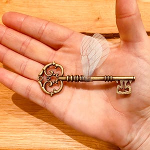 May include: A gold-toned skeleton key with a decorative heart-shaped head and a delicate, translucent butterfly wing attached to the shaft.