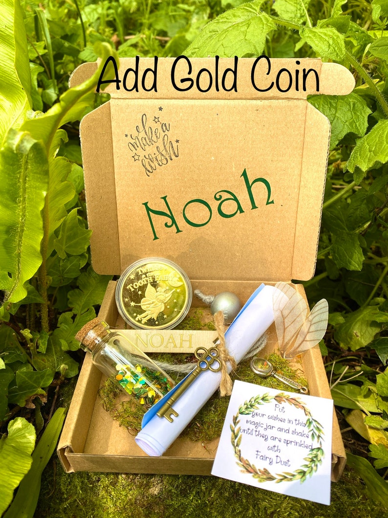 Woodland Fairy BOYS Tooth Fairy Letter Personalised gift box Boy Tooth Fairy kit: Custom Letter, Fairy Dust, Fairy Wings, Magnifying Glas Gold Coin only