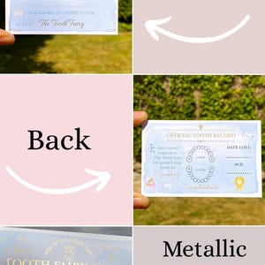 Peut inclure: Certificat de r&eacute;compense de la F&eacute;e des dents avec une finition m&eacute;tallique. Le recto du certificat indique "Tooth Fairy Award" et "For a Sparkling White Tooth". Le verso comprend un "Official Tooth Record".