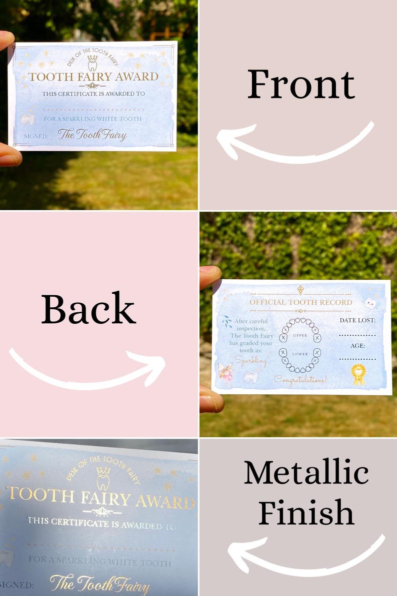 Peut inclure: Certificat de r&eacute;compense de la F&eacute;e des dents avec une finition m&eacute;tallique. Le recto du certificat indique "Tooth Fairy Award" et "For a Sparkling White Tooth". Le verso comprend un "Official Tooth Record".