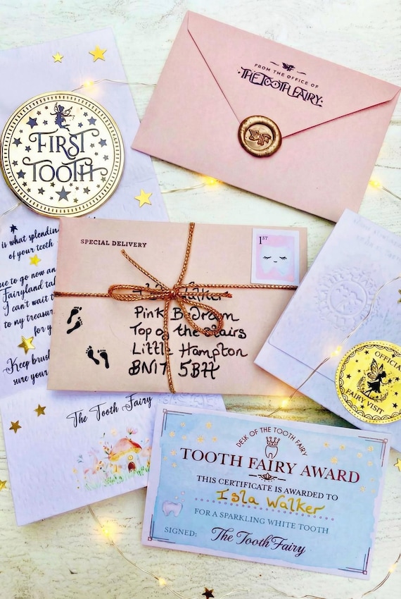 Deluxe Tooth Fairy Letter Kit: Tooth Fairy Gold Coin, Fairy Dust & Gifts. First Tooth Fairy Kit