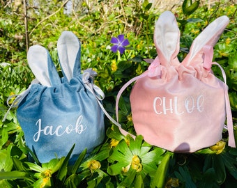 Easter Bags- Soft Velvet Easter Gifting Bags- Personalised Bunny bags in Pink and Blue