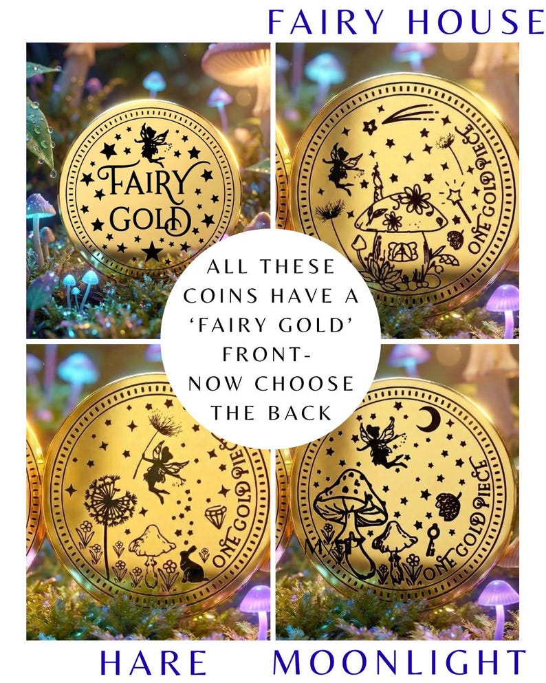 Pode incluir: Moedas douradas com desenhos de fadas. Cada moeda apresenta uma ilustra&ccedil;&atilde;o diferente no verso, incluindo uma casa de cogumelos, um dente-de-le&atilde;o e um coelho. O texto "FAIRY GOLD" &eacute; vis&iacute;vel na frente.