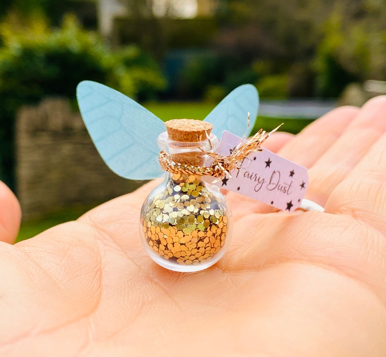 May include: A small glass bottle filled with gold glitter, labeled "Fairy Dust." The bottle has a cork stopper, gold twine, and light blue paper wings attached. The background is blurred green foliage.