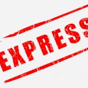 May include: A red rectangular stamp with the word "EXPRESS" in bold, white letters. The stamp has a distressed, worn look, with visible ink smudges and a slightly tilted angle. The background is plain white.