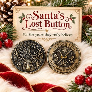 May include: Two round metallic buttons with antique gold finish. One features a reindeer head with antlers and the letters SC. The other displays crossed needles, snowflakes, and the text SLEIGH COAT ALWAYS SEWN BY MRS CLAUS. Behind them is a card reading Santa's Lost Button For the years they truly believe.