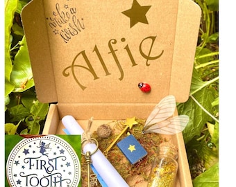 Boy’s FIRST TOOTH Fairy Kit-  Tooth Fairy Letter, Boys Tooth Fairy Gifts- custom letter, gold coin, wand, fairy dust & wings, book