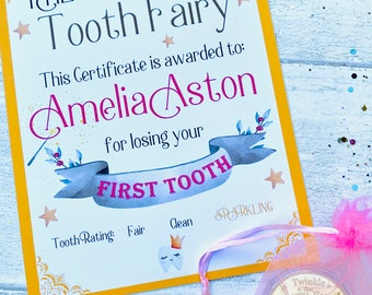 FIRST TOOTH Certificate from the Tooth Fairy & Large Golden Coin! First Lost Tooth- First Fairy Visit