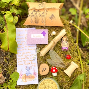 Carta del Hada de los Dientes ESCRITA A MANO. Kit de caja de almohada para el Hada de los Dientes con regalos del Hada de los Dientes, polvo de hadas, varita de hadas, moneda de oro del Hada de los Dientes para el primer diente