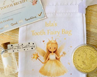 May include: A white Tooth Fairy bag with a gold fairy illustration, a gold coin, a tooth receipt, and a small glass bottle with a tooth inside. The bag reads "Isla's Tooth Fairy Bag".