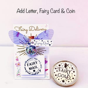 May include: A whimsical fairy-themed set featuring a glass bottle with glitter, a card with fairy wings, and a gold coin. The card reads "Fairy Delivery" and "Fairy Mail". The coin says "Fairy Gold".