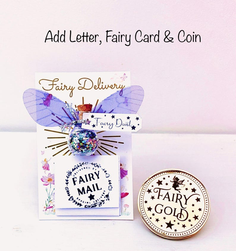 May include: A whimsical fairy-themed set featuring a glass bottle with glitter, a card with fairy wings, and a gold coin. The card reads "Fairy Delivery" and "Fairy Mail". The coin says "Fairy Gold".