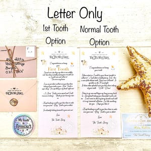 Peut inclure: Un ensemble de la F&eacute;e des dents avec des enveloppes roses, une baguette &eacute;toile dor&eacute;e et un autocollant. Les enveloppes ont des accents dor&eacute;s. La baguette &eacute;toile est recouverte de paillettes dor&eacute;es. L'autocollant dit "My Tooth is Sparkling".