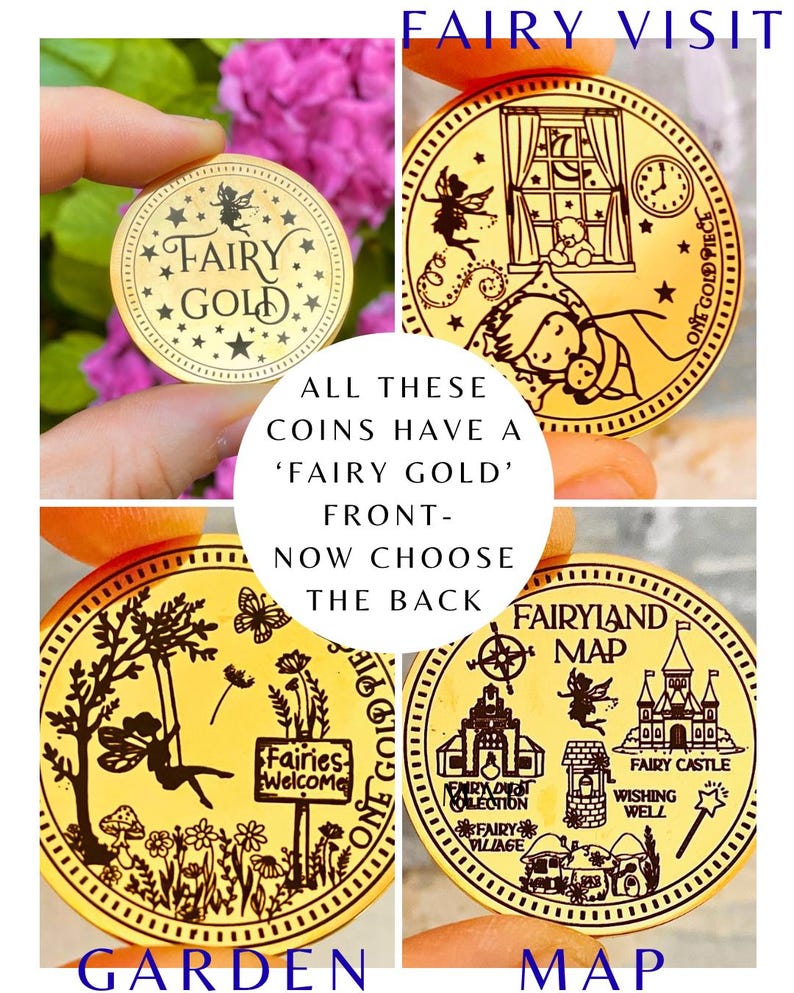 Pode incluir: Moedas douradas com desenhos de fadas. Uma moeda apresenta o texto "FAIRY GOLD" e estrelas. Outras moedas retratam cenas como uma visita de fadas, um jardim e um mapa da terra das fadas. Cada moeda &eacute; rotulada com uma palavra descritiva.
