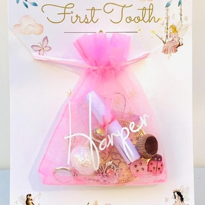 Conjunto de presente de fada do dente para meninas FIRST TOOTH - com moeda do primeiro dente, carta da fada do dente, pó de fada e presentes de fada! Kit e bilhete da fada do dente