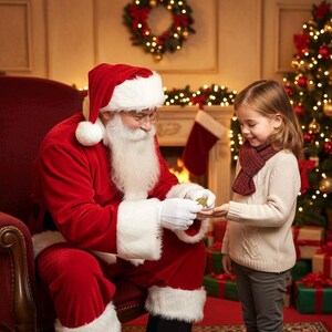 Puede incluir: Pap&aacute; Noel, vestido con un traje y gorro rojos, le da un peque&ntilde;o regalo a una ni&ntilde;a. La ni&ntilde;a lleva un su&eacute;ter crema y una bufanda burdeos. Un &aacute;rbol de Navidad y una chimenea est&aacute;n en el fondo.
