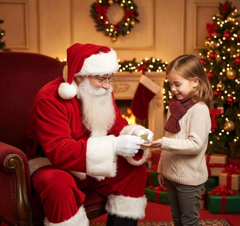 Puede incluir: Pap&aacute; Noel, vestido con un traje y gorro rojos, le da un peque&ntilde;o regalo a una ni&ntilde;a. La ni&ntilde;a lleva un su&eacute;ter crema y una bufanda burdeos. Un &aacute;rbol de Navidad y una chimenea est&aacute;n en el fondo.