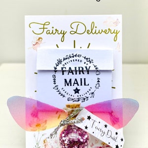 May include: A whimsical Fairy Delivery set with a small glass bottle filled with pink glitter, labeled "Fairy Dust." The set includes a card with "Fairy Delivery" text and fairy illustrations, and decorative fairy wings.