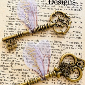 May include: Two antique keys with ornate designs, one with a crown, on a page of a book with the text "Two Key Designs".