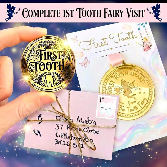 FIRST TOOTH Fairy Gold Coin with Tooth Fairy Letter, Medal & Fairy Dust Gifts!