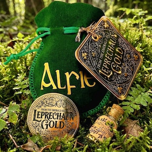 May include: A green velvet drawstring bag with the name "Alfie" in gold lettering, a gold coin, a small glass bottle, and a decorative tag that reads "Leprechaun Gold" are displayed on a bed of moss. The coin and tag feature intricate designs.