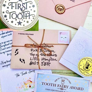 CARTA DELUXE del Hada de los Dientes con regalos, moneda de oro, polvo de hadas y certificado. ¡Kit del Hada de los Dientes!