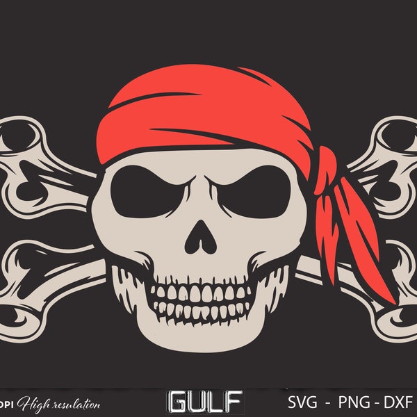 Pirate skull, red bandana and crossed bones Skull & Crossbones Pirate SVG Cutting File  300dpi