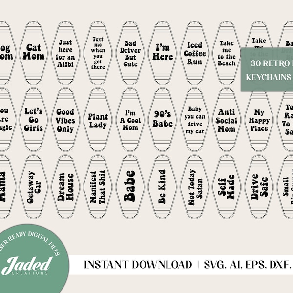 Retro Motel Keychains SVG Bundle Files Glowforge Laser Cut Engrave Hotel Keyring Groovy Designs