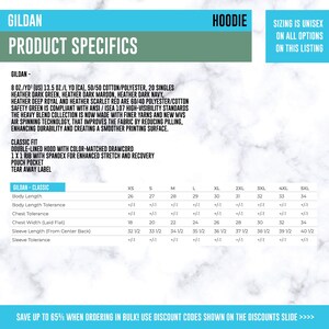 May include: Product specifications for Gildan hoodies, including fabric details, classic fit features, and a size chart. The chart provides measurements for body length, chest width, and sleeve length in inches for sizes XS to 5XL. The text also mentions unisex sizing.