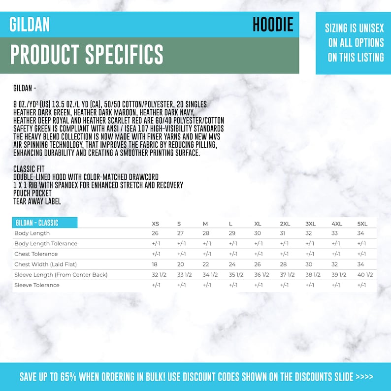 May include: Product specifications for Gildan hoodies, including fabric details, classic fit features, and a size chart. The chart provides measurements for body length, chest width, and sleeve length in inches for sizes XS to 5XL. The text also mentions unisex sizing.