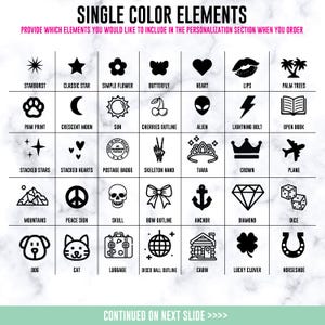 May include: A grid of thirty black icons on a white background, labeled with text including starburst, heart, lips, palm trees, paw print, moon, sun, cherries, alien, lightning bolt, book, stars, hearts, badge, hand, tiara, crown, plane, mountains, peace sign, skull, bow, anchor, diamond, dice, dog, cat, luggage, disco ball, cabin, clover, and horseshoe.