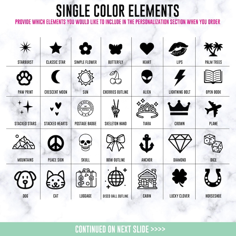 May include: A grid of thirty black icons on a white background, labeled with text including starburst, heart, lips, palm trees, paw print, moon, sun, cherries, alien, lightning bolt, book, stars, hearts, badge, hand, tiara, crown, plane, mountains, peace sign, skull, bow, anchor, diamond, dice, dog, cat, luggage, disco ball, cabin, clover, and horseshoe.