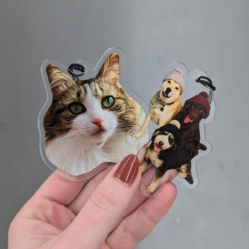 Puede incluir: Un adorno transparente de acr&iacute;lico con un gato y tres perros. El gato tiene ojos verdes y pelaje marr&oacute;n y blanco. Los perros llevan sombreros y bufandas. El adorno lo sostiene una persona con esmalte de u&ntilde;as rojo.