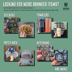 May include: A promotional image showcasing branded merchandise. It features stickers, tumblers, patch hats, and keychains. The items include stickers with "MCB", tumblers with "BOHO BAGO" and "Honey Pot" text, and hats with "Kettle C-RN" printed on them.
