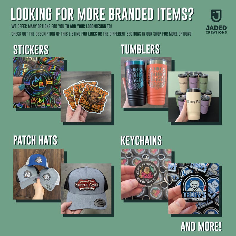 May include: A promotional image showcasing branded merchandise. It features stickers, tumblers, patch hats, and keychains. The items include stickers with "MCB", tumblers with "BOHO BAGO" and "Honey Pot" text, and hats with "Kettle C-RN" printed on them.