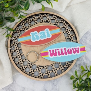 Custom Surfboard Keychain Name Backpack Tag Coastal Retro Gift for Kids Personalized Acrylic Printed Colorful Striped Keyring
