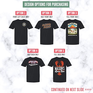May include: Black t-shirts with different designs. Option 1 has a circular emblem on the front left chest. Option 2 features "Humble Healer" on the front. Option 3 displays a nature scene. Option 4 has text on the back. Option 5 shows a lobster graphic.