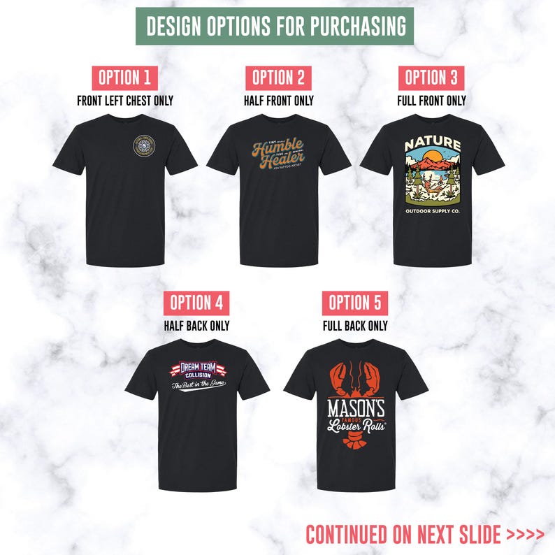 May include: Black t-shirts with different designs. Option 1 has a circular emblem on the front left chest. Option 2 features "Humble Healer" on the front. Option 3 displays a nature scene. Option 4 has text on the back. Option 5 shows a lobster graphic.