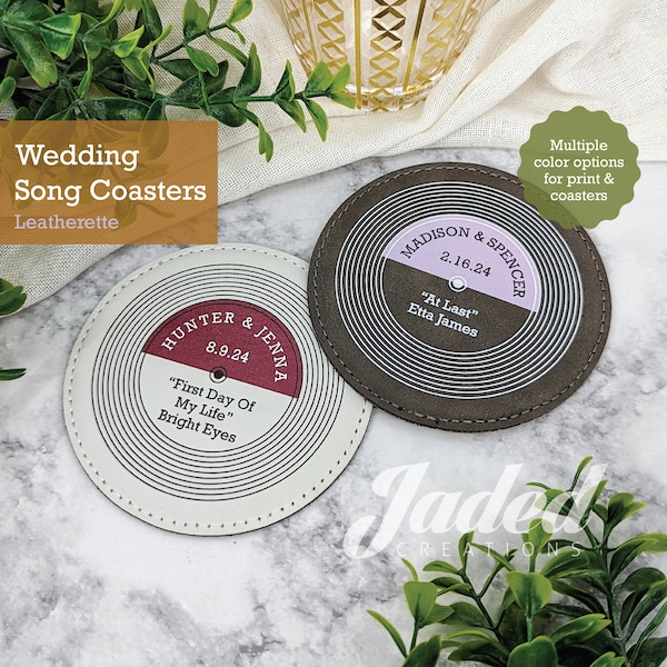 Custom Wedding Song Coasters Record Vintage Inspired Gift Set for Bride and Groom Leatherette Drink Coaster With Personalized Couple Names