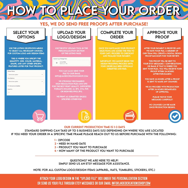 May include: An instructional infographic titled HOW TO PLACE YOUR ORDER with a colorful wavy border. It features four vertical columns in blue, pink, yellow, and orange, detailing steps to select options, upload a logo, complete an order, and approve a proof.