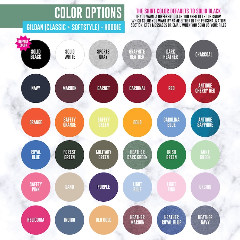 May include: A colour chart for Gildan Classic and Softstyle hoodies, featuring a range of hues. The image presents options like Solid Black, White, Navy, Maroon, and others. Text indicates Solid Black is the default colour.