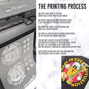 May include: Image detailing the DTF printing process. The text describes the use of high-quality ink, heat pressing designs onto apparel, and achieving vibrant colours. A cartoon drink design with the text "Cool in Every Situation" is shown.