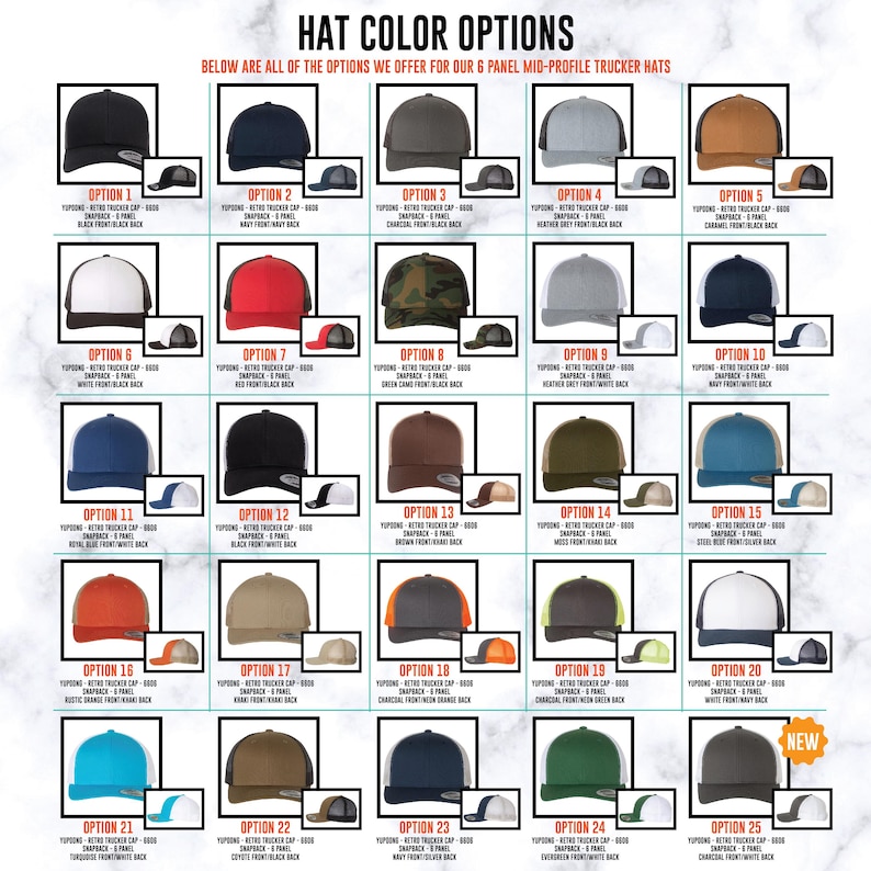 May include: A grid of 25 six-panel mid-profile trucker hats in various color combinations, including solid black, navy, charcoal, grey, caramel, white, red, camo, and multi-colored options. Each hat is shown with a snapback closure.